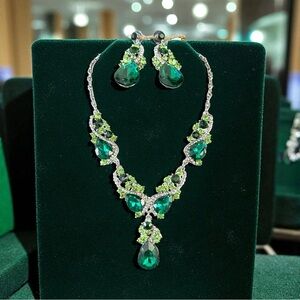 Emerald Green Glamour Gemstone Necklace Earring Set Wedding Prom Formal